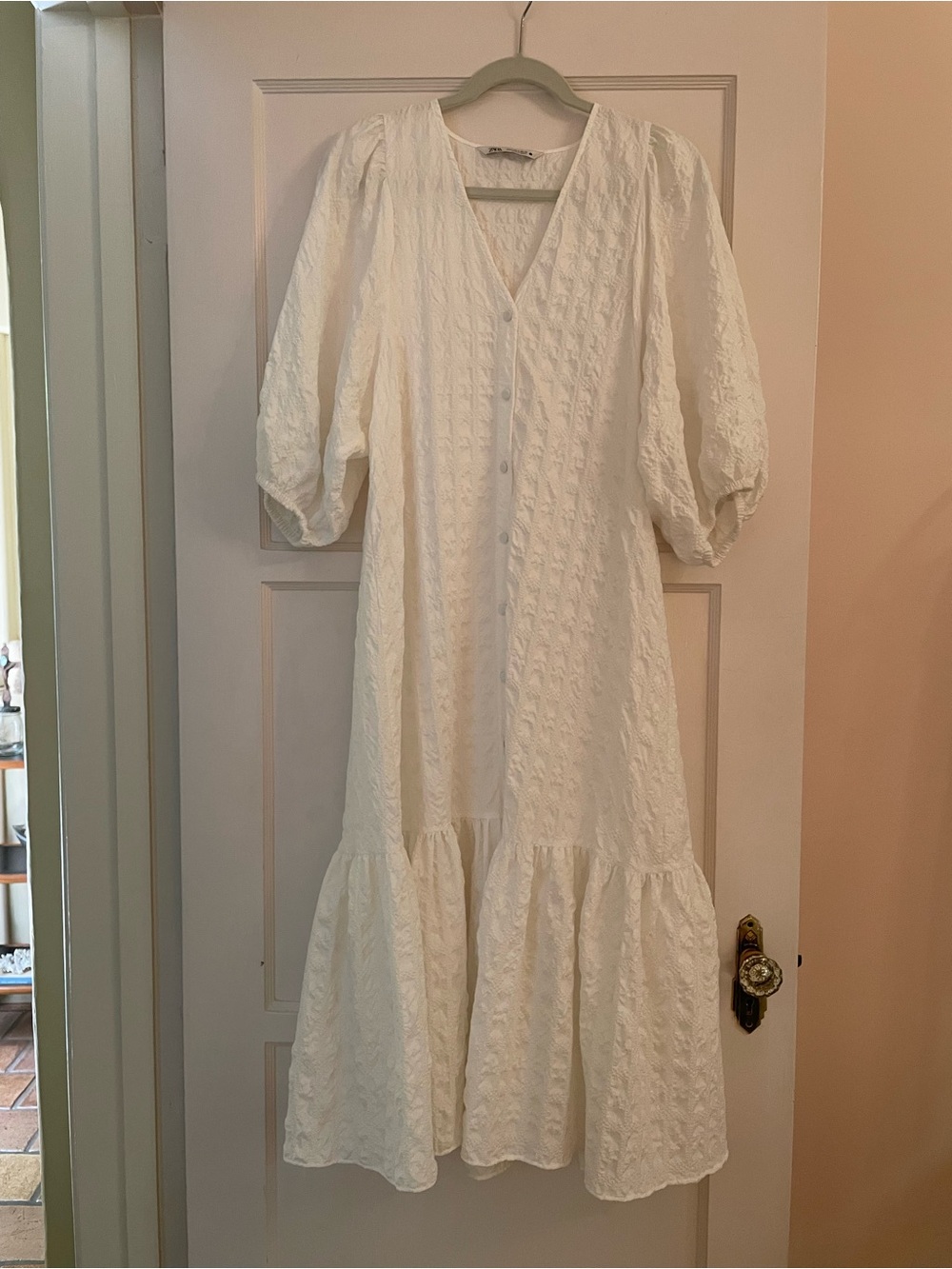 Zara white textured Button-Front Midi Dress